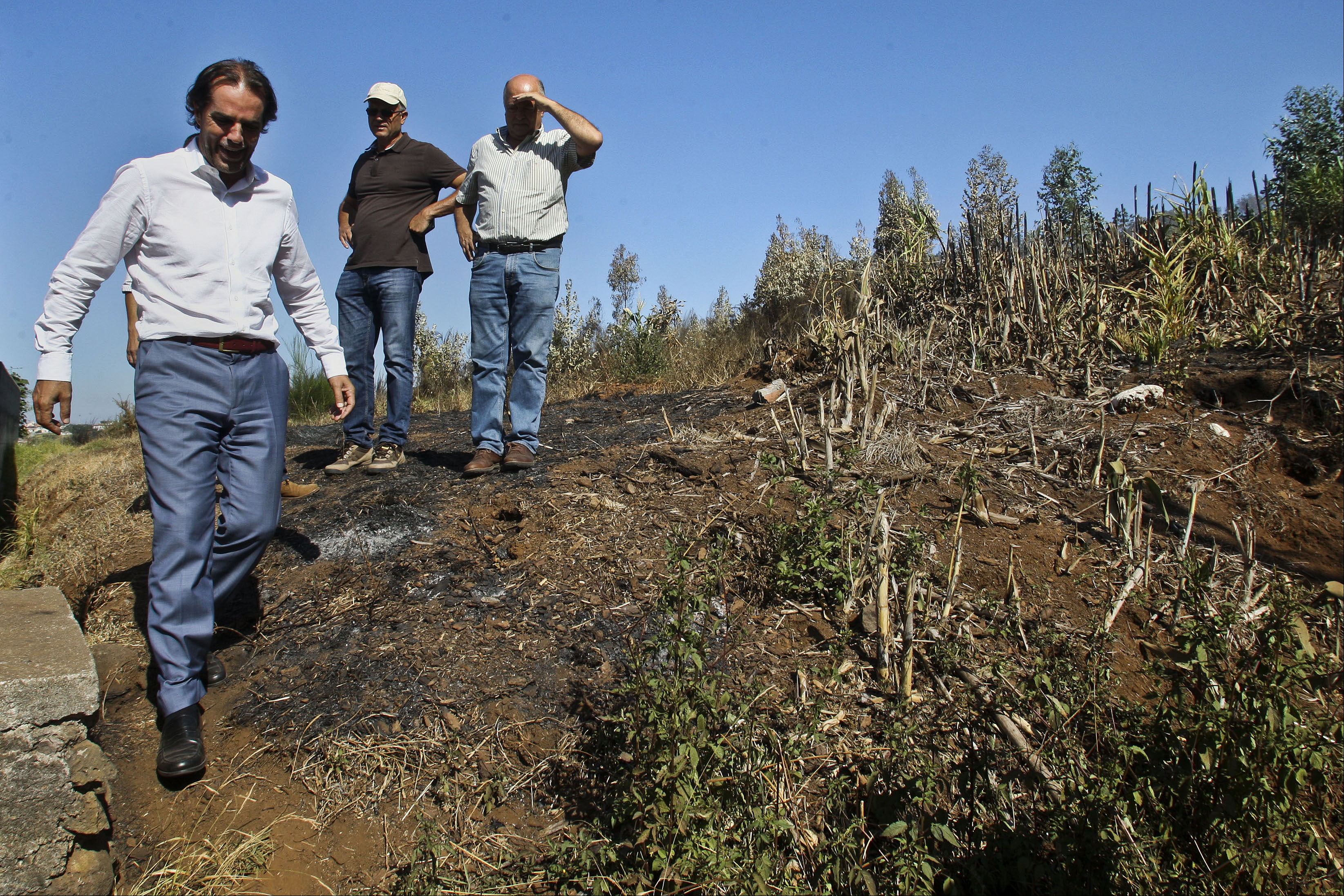 O presidente do governo regional da Madeira, Miguel Albuquerque, visita área atingida por incêndio na Ponta do Sol (Lusa/Direitos Reservados)