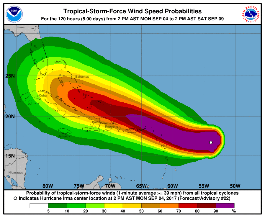 Mapa mostra localização do furacão Irma no Caribe