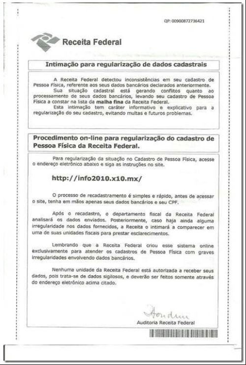 Trecho da correspondência falsa enviada em nome da Receita Federal para contribuintes
