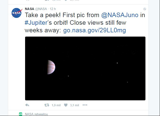 A sonda espacial americana Juno transmitiu sua primeira imagem, desde que entrou na órbita de Júpiter