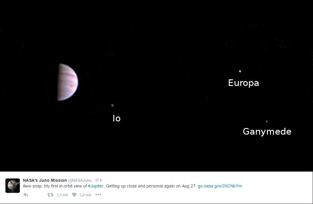 Na foto são visíveis três dos quatro maiores satélites de Júpiter: Io, Europa e Ganimedes