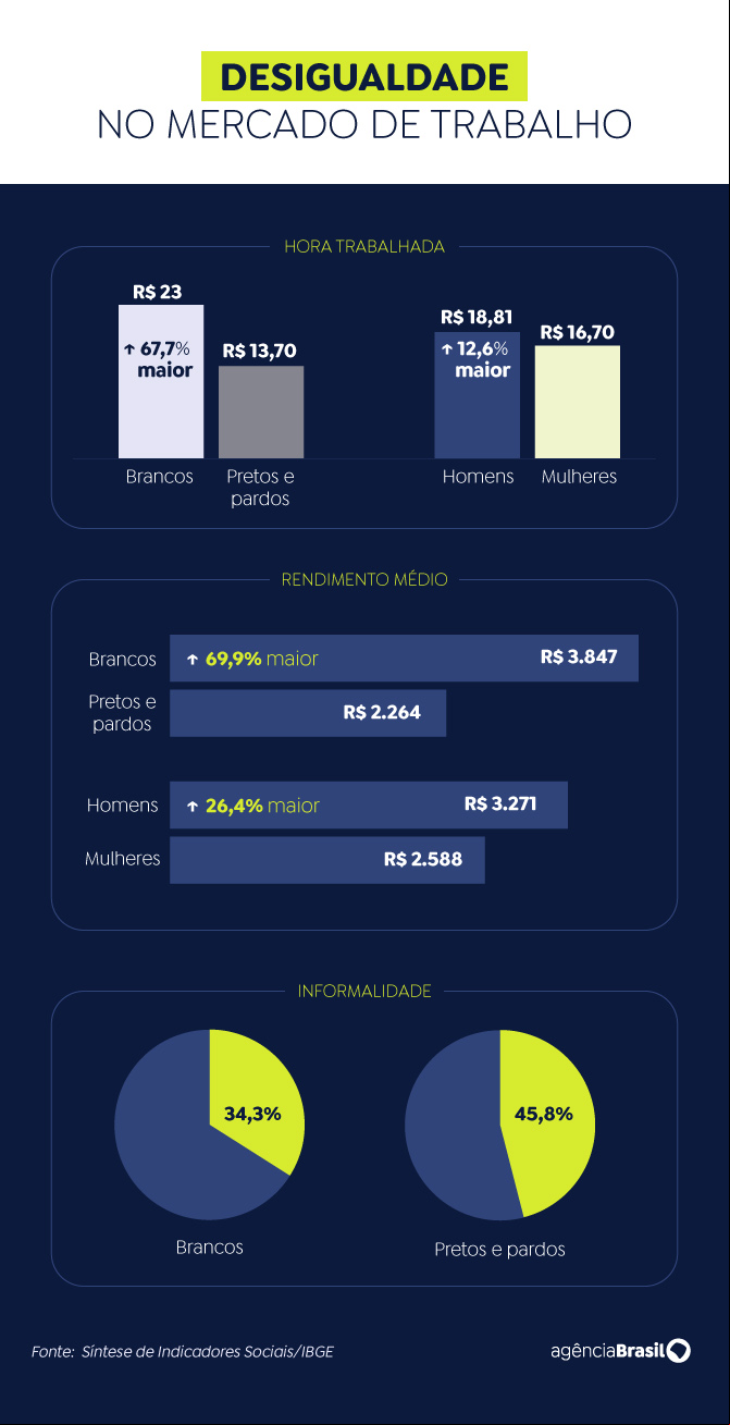 Brasília (DF), 04/12/2024 - Arte para a matéria IBGE. Desigualdade no mercado de trabalho. Arte/Agência Brasil